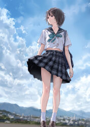  bag black_hair blue_reflection_(series) blue_reflection_maboroshi_ni_mau_shoujo_no_ken blue_ribbon brown_eyes clouds cloudy_sky floating_clothes from_below highres hoshinomiya_girls'_high_school_uniform kishida_mel official_art outdoors ribbon school_bag school_uniform serafuku shirai_hinako short_hair short_sleeves sky socks summer_uniform white_socks 