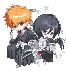  1boy 1girl black_hair black_hakama bleach bleach:_epilogue brown_eyes chain chibi commentary_request g_ieep hair_between_eyes hakama haori holding holding_sword holding_weapon japanese_clothes korean_commentary kuchiki_rukia kurosaki_ichigo long_hair orange_hair reverse_grip sandals shihakusho smile snowflakes socks sode_no_shirayuki_(shikai) sword sword_on_back taichou_haori very_long_hair violet_eyes weapon weapon_on_back white_haori white_socks zangetsu_(shikai) 