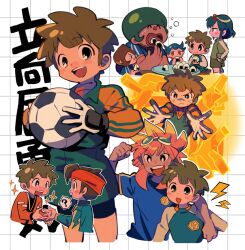  1girl 6+boys ? afro arm_around_neck bad_id bad_twitter_id ball bandaid bandaid_on_face bandaid_on_nose bike_shorts black_eyes black_shorts blue_eyes blue_hair blue_shirt brown_hair character_name clenched_hand closed_mouth disembodied_hand eating endou_mamoru eyewear_on_head fat fat_man film_grain flying_sweatdrops food glasses gloves goggles goggles_on_head green_hair green_jacket green_shirt green_shorts grid_background hair_horns hand_up handshake happy headband highres holding holding_ball holding_food inazuma_eleven inazuma_eleven_(series) inazuma_japan jacket kabeyama_heigorou kogure_yuuya kurimatsu_teppei lightning_bolt_symbol lips looking_at_another male_focus medium_hair mugen_the_hand multiple_boys multiple_views ok_ko19 onigiri open_mouth orange_eyes orange_headband orange_jacket otonashi_haruna outstretched_arms pink_hair raglan_sleeves raimon raimon_soccer_uniform shirt short_hair shorts smile soccer_ball soccer_uniform sparkle spoken_question_mark sportswear sweat tachimukai_yuuki teeth track_jacket tsunami_jousuke upper_teeth_only v-shaped_eyebrows white_gloves 