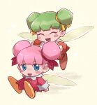  2girls :d ^_^ alternate_hairstyle blue_eyes blunt_bangs blush blush_stickers character_request chiimako closed_eyes commentary_request double_bun dress fairy fairy_wings green_hair hair_bun hair_ribbon kirby_(series) kirby_64 long_sleeves looking_at_viewer multiple_girls open_mouth pink_hair red_dress red_ribbon ribbon ribbon_(kirby) simple_background sleeve_cuffs smile wings yellow_background yellow_ribbon 