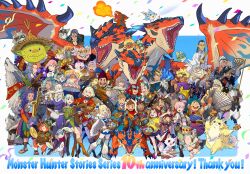  6+boys 6+girls anniversary ayuria breath_weapon breathing_fire canyne character_request commentary confetti ena_(monster_hunter) english_commentary everyone felyne fire highres howling in-franchise_crossover kayna_(monster_hunter) kyle_(monster_hunter) monster_hunter_(series) monster_hunter_stories monster_hunter_stories_2:_wings_of_ruin monster_hunter_stories_3:_twisted_reflection multiple_boys multiple_girls naville_(monster_hunter_stories) official_art protagonist_(mhs2) rathalos reverto_(monster_hunter_stories) riding ryuuto_(monster_hunter_stories) tattoo tribal_tattoo tsukino_(monster_hunter) wings 