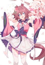  1girl absurdres animal_ears blue_eyes blush breasts brown_hair cherry_blossoms commentary detached_sleeves ear_covers fingerless_gloves flower gloves hair_between_eyes hair_flaps hair_flower hair_ornament highres horse_ears horse_girl horse_tail japanese_clothes kimono kuro_sato looking_at_viewer medium_hair open_mouth pink_hair pink_kimono pink_sleeves sakura_chiyono_o_(strength_in_full_bloom)_(umamusume) sakura_chiyono_o_(umamusume) skirt sleeveless sleeveless_kimono solo tail thigh-highs umamusume untranslatable_commentary white_skirt white_thighhighs 