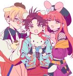  1other 2boys animal_ears anne_faulkner bae_(paradox_live) blonde_hair blush brown_eyes cat_ears closed_mouth dog_ears fake_animal_ears glasses green_eyes hello_kitty hello_kitty_(character) highres long_hair looking_at_viewer multicolored_eyes multiple_boys my_melody nownnownn one_eye_closed onegai_my_melody open_mouth orange_eyes paradox_live pompompurin rabbit_ears red_eyes redhead sanrio short_hair smile sugasano_allen yeon_hajun 