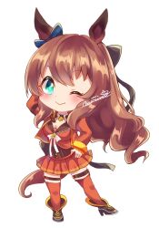  1girl ;) animal_ears black_bow blue_bow boots bow brown_boots brown_hair chibi chibi_only closed_mouth commentary ear_bow full_body green_eyes hair_bow hands_on_own_hips horse_ears horse_girl horse_tail jacket long_hair looking_at_viewer maruzensky_(formula_r)_(umamusume) maruzensky_(umamusume) mirimo one_eye_closed pleated_skirt red_jacket red_skirt red_thighhighs simple_background skirt smile solo standing tail thigh-highs thigh_strap umamusume white_background 