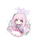  angel_wings blue_archive blush chibi closed_mouth danble dress frilled_dress frills full_body halo highres long_hair long_sleeves looking_at_viewer low_wings mika_(blue_archive) pink_dress pink_hair simple_background smile very_long_hair white_background white_wings wings yellow_eyes 