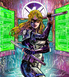  1girl bag baton_(weapon) black_bodysuit black_mask blonde_hair bodysuit colorful commentary cropped_legs domino_mask dynamic_pose english_commentary eye_mask fingerless_gloves gloves green_eyes grey_bodysuit highres holding holding_baton holding_baton_(weapon) holding_weapon holographic_interface holographic_monitor holster insignia logo long_hair marvel marvel_snap mask mockingbird_(marvel) multicolored_bodysuit official_art satchel saturated science_fiction solo staff technology thigh_holster two-tone_bodysuit vinartwork weapon western_comics_(style) 
