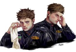  1boy arm_up beard_stubble black_jacket black_shirt blue_eyes closed_mouth commentary_request earphones earphones english_commentary facial_hair formula_one highres holding holding_towel honda jacket long_sleeves looking_to_the_side male_focus max_verstappen mixed-language_commentary multiple_views puma_(brand) rauch_(brand) real_life red_bull sgkg108 shirt sideways_glance signature stubble towel white_background 