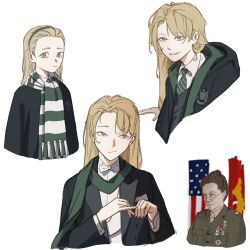  2girls absurdres american_flag blonde_hair breasts brown_hair commentary diagonal-striped_clothes diagonal-striped_necktie english_commentary flag genderswap genderswap_(mtf) glasses green_necktie grey_eyes hairband harry_potter_(series) highres hogwarts_school_uniform k0ushou long_hair malfoid military_uniform minerva_mcgonagall multiple_girls multiple_views necktie robe scarf school_uniform shirt simple_background striped_clothes striped_necktie white_shirt wizarding_world yellow_necktie 