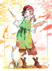  1girl absurdres animal apron autumn_leaves beret boots brown_boots brown_hair brown_pants closed_mouth commentary_request dated fox full_body green_apron hat highres holding holding_paint_palette holding_paintbrush leaf long_sleeves looking_at_viewer naim0n0nedari original paint_palette paintbrush pants red_hat shirt short_hair signature solo squirrel standing white_shirt 