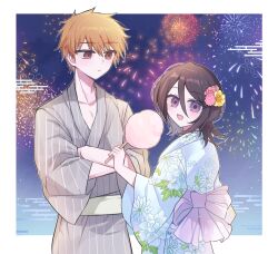  1boy 1girl :/ :d aerial_fireworks alternate_costume back_bow black_hair bleach blue_kimono blush blush_stickers border bow brown_eyes closed_mouth commentary_request cotton_candy couple cowboy_shot crossed_arms double-parted_bangs festival fireworks floral_print floral_print_kimono flower food frown g_ieep grey_kimono hair_between_eyes hair_flower hair_ornament hand_up happy hetero holding holding_cotton_candy holding_food huge_bow japanese_clothes kanzashi kimono korean_commentary kuchiki_rukia kurosaki_ichigo long_sleeves looking_at_another looking_at_viewer looking_back medium_hair night open_mouth orange_hair outdoors outside_border pink_flower print_kimono purple_bow short_hair smile spiky_hair straight_hair striped_clothes striped_kimono upper_body v-shaped_eyebrows vertical-striped_clothes vertical-striped_kimono violet_eyes white_border wide_sleeves yellow_flower 