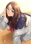  1girl adjusting_eyewear alternate_costume arm_support black_serafuku blue_eyes blurry bokeh brown_hair cardigan closed_mouth commentary_request depth_of_field fate/grand_order fate_(series) glasses grey_cardigan highres kneeling leonardo_da_vinci_(fate) light_particles long_hair looking_at_viewer neckerchief nishiyama_(whatsoy) parted_bangs parted_hair red_neckerchief school_uniform serafuku smile solo white_cardigan wooden_floor 