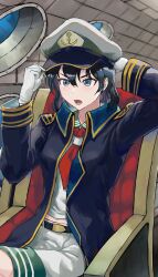  1girl absurdres anchor_symbol aqua_eyes arm_behind_head belt black_coat black_hair chair coat commentary_request gloves gold_trim hand_on_headwear harapan-kun hat highres long_sleeves midriff_peek murasa_minamitsu necktie open_mouth red_necktie sailor_hat shirt short_hair shorts sitting solo touhou white_gloves white_hat white_shirt white_shorts 