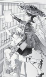  1boy 1girl animal_print anklet armlet armor bird_print bloomers blunt_ends book bookshelf bracelet bridal_gauntlets commentary_request cross-shaped_pupils detached_sleeves dress eyelashes furisode genshin_impact greyscale hat highres holding holding_book indoors japanese_armor japanese_clothes jewelry jingasa kimono knme00 kote ladder leg_warmers looking_at_another looking_at_object middle_ring monochrome nahida_(genshin_impact) on_ladder open_mouth sandals scaramouche_(genshin_impact) short_dress shorts side_cape sideways_mouth symbol-shaped_pupils tassel toeless_socks tsurime twitter_username wanderer_(genshin_impact) wolf_cut zouri 