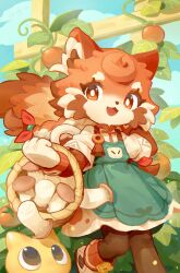  1girl animal_nose archiboo_(petit_planet) basket bow braid bright_pupils chinese_commentary commentary_request creature gloves hair_bow highres holding holding_basket la-ndy long_hair looking_to_the_side looking_up mushroom open_mouth orange_eyes orange_hair petit_planet plant red_bow red_panda_ears red_panda_girl red_panda_tail short_sleeves tomato twin_braids vines white_gloves white_pupils yunguo_(petit_planet) 