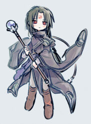  1boy absurdres boots closed_mouth commentary_request deformed facial_mark fire_emblem fire_emblem:_radiant_dawn forehead_mark full_body highres holding holding_staff long_hair male_focus minosuke red_eyes solo soren_(fire_emblem) staff 