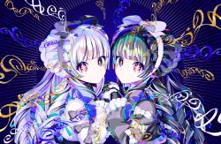  2girls black_hair bow close-up closed_mouth colorful commentary_request curly_hair dress face-to-face frills fringe_trim gloves gold_theme gothic_lolita hair_ornament holding_hands jewelry lolita_fashion long_hair looking_at_viewer multiple_girls official_art original purple_theme ribbon shachi_no_maru simple_background upper_body white_hair 