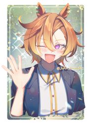  1girl absurdres animal_ears black_coat blush casual closed_eyes coat cropped_torso dia_(7dia_kmrhntr) highres horse_ears horse_girl open_mouth orange_hair shirt short_hair signature smile solo t.m._opera_o_(umamusume) umamusume violet_eyes watermark waving white_shirt 