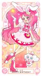  1girl animal_ears bow cake_hair_ornament choker commentary_request cure_whip dress earrings extra_ears food-themed_hair_ornament food-themed_ornament fruit_brooch gloves hair_ornament hoppetoonaka3 jewelry kirakira_precure_a_la_mode long_hair magical_girl open_mouth pekorin_(precure) pink_choker pink_eyes pink_footwear pink_hair pom_pom_(clothes) pom_pom_earrings precure rabbit_ears smile star_(symbol) strawberry_brooch twintails usami_ichika white_gloves 