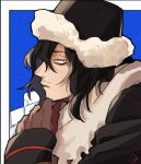  1boy bags_under_eyes black_coat black_eyes black_hair black_headwear bloodshot_eyes blue_background boku_no_hero_academia brown_gloves coat eraser_head_(boku_no_hero_academia) from_side fur-trimmed_headwear fur_trim gloves long_hair long_sleeves looking_at_viewer male_focus messy_hair profile rnuyvm scarf signature solo sparse_stubble white_scarf winter_clothes 
