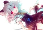  1girl animal_ears biyon black_dress blue_capelet capelet dress grey_hair jewelry looking_at_viewer mouse_ears mouse_tail nazrin open_mouth pendant puffy_short_sleeves puffy_sleeves red_eyes short_hair short_sleeves simple_background solo tail touhou twitter_username white_background 