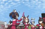  6+girls ahoge animal_ears aqua_bow arm_up arms_up black_bow black_hair blue_hair blue_sky book bow breasts brown_eyes brown_hair canvas_(object) closed_eyes colored_inner_hair commentary_request conductor crown daiichi_ruby_(umamusume) daitaku_helios_(umamusume) dancing drill_hair ear_bow ear_covers ear_ornament ear_piercing ear_scrunchie easel eishin_flash_(umamusume) fuji_kiseki_(umamusume) full_body hair_between_eyes hair_bow hair_bun hamu_koutarou highres holding holding_book holding_glowstick holding_instrument holding_paintbrush holding_trumpet holding_violin horse_ears horse_girl horse_tail instrument jacket k.s.miracle_(umamusume) light_blue_hair long_hair long_sleeves low_twintails maruzensky_(umamusume) medium_breasts medium_hair mejiro_dober_(umamusume) mejiro_ramonu_(umamusume) multicolored_hair multiple_girls music open_mouth outdoors outstretched_arms paintbrush painting_(object) palette_(object) pants piano piercing playing_instrument purple_headwear red_footwear rice_shower_(umamusume) shoes short_hair side_drill side_ponytail sitting sky smart_falcon_(umamusume) smile sneakers spread_arms stage streaked_hair t.m._opera_o_(umamusume) tail tail_through_clothes thumbs_up tilted_headwear tracen_training_uniform track_jacket track_pants trumpet twintails two-tone_footwear umamusume very_long_hair violin white_footwear white_hair yamanin_zephyr_(umamusume) 