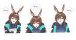  1girl amiya_(arknights) animal_ears arknights ascot black_jacket blue_ascot blue_collar blue_eyes collar dal-gi hair_between_eyes highres holding jacket jewelry korean_text long_sleeves looking_at_viewer multiple_rings multiple_views neck_ring open_mouth oripathy_lesion_(arknights) rabbit_ears rabbit_girl ring simple_background smile speech_bubble thumb_ring translation_request v-shaped_eyebrows white_background 