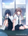  2girls artist_name back-to-back black_hair brown_hair clouds cover glass_door holding holding_hands holding_money miyagi_(shuu_ni_ichido_kurasumeito_wo_kau_hanashi) money multiple_girls official_art school_uniform sendai_(shuu_ni_ichido_kurasumeito_wo_kau_hanashi) shuu_ni_ichido_kurasumeito_wo_kau_hanashi sitting sky smile u35 