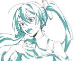  1girl blue_eyes blue_hair blue_theme collared_shirt commentary_request hand_on_own_chest hatsune_miku highres limited_palette long_hair nijikun open_mouth shirt sleeveless sleeveless_shirt solo sweat twintails vocaloid white_background 