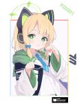  1girl absurdres animal_ear_headphones animal_ears blonde_hair blue_archive blue_bow blue_necktie blush bow cat_ear_headphones cat_ears character_name collared_shirt commentary dress_shirt fake_animal_ears green_eyes green_halo hair_bow halo headphones highres hood hood_down hooded_jacket jacket long_sleeves looking_at_viewer low-tied_sidelocks midori_(blue_archive) necktie parted_lips paw_pose revision rokukarashi shirt short_hair short_necktie solo two-sided_fabric two-sided_jacket upper_body white_jacket white_shirt wide_sleeves 