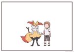  1boy 1girl absurdres animal_ear_fluff animal_ears animal_nose black_fur body_fur braixen faceless faceless_male fox_ears fox_girl fox_tail furry furry_female highres holding_hands looking_at_viewer pokemon pokemon_(creature) pokemon_xy red_eyes simonbutt6 simple_background smile snout standing stick tail white_background white_fur yellow_fur 