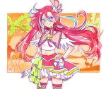  1girl commentary_request cure_flamingo earrings feather_earrings feathers fingerless_gloves fishnet_thighhighs fishnets gloves hair_ornament hoppetoonaka3 jewelry layered_skirt long_hair looking_at_viewer magical_girl midriff multicolored_hair precure redhead shell_brooch skirt smile takizawa_asuka thick_eyelashes thigh-highs tropical-rouge!_precure violet_eyes white_gloves 