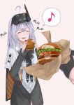  2girls absurdres ahoge burger cheese cloak closed_eyes eating female_pov food gloves goddess_of_victory:_nikke head-mounted_display highres holding holding_food jacket lettuce long_hair long_sleeves looking_at_viewer multiple_girls phinease pov pov_hands red_hood_(nikke) snow_white:_innocent_days_(nikke) snow_white_(nikke) tomato tomato_slice white_cloak white_hair 