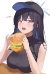  1girl absurdres baseball_cap black_hair black_headwear black_shirt blue_archive blue_hair blue_halo blush breasts burger colored_inner_hair ff_01 food grey_eyes halo hat highres holding holding_food large_breasts long_hair looking_at_viewer multicolored_hair open_mouth saori_(blue_archive) shirt simple_background sleeveless sleeveless_shirt solo upper_body white_background 
