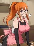  1girl =3 aged_up alternate_breast_size alternate_costume alternate_hairstyle apron black_gloves blurry blurry_background breasts closed_mouth collarbone elbow_gloves fingerless_gloves frilled_apron frills glasses gloves highres lepypepy lips looking_at_viewer medium_breasts orange_hair persona persona_5 pink_apron sakura_futaba solo table violet_eyes 