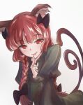  1girl absurdres animal_ears black_bow bow braid cat_ears cat_tail commentary_request dress green_dress grey_background hair_bow highres juliet_sleeves kaenbyou_rin long_hair long_sleeves multiple_tails pakkii_(vkdd5524) puffy_sleeves red_eyes redhead side_braids simple_background solo tail touhou twin_braids two_tails 