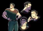  1boy beard_stubble black_background black_hair bored denim expressions huge_eyebrows jeans jitome light light_smile limon_(en_ben) lucas_lee male_focus muscular muscular_male nervous_sweating pants pectorals scared scott_pilgrim_takes_off shadow shirt short_hair short_sleeves smile sunlight sweat t-shirt tight_clothes tight_shirt 