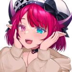  1girl aqua_eyes black_bow black_choker bow braid choker crymsie demon_horns fangs hands_on_own_cheeks hands_on_own_face hat hat_bow heterochromia hololive hololive_english hooded_cardigan horns irys_(casualrys)_(hololive) irys_(hololive) jewelry light_blush looking_at_viewer necklace open_mouth pointy_ears purple_hair short_hair simple_background smile solo swept_bangs violet_eyes virtual_youtuber white_background white_headwear 