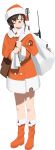  1girl bag boots braid brown_hair burnt_clothes commentary_request dirty dirty_face dress full_body fur-trimmed_boots fur-trimmed_dress fur-trimmed_headwear fur_trim hat kantai_collection long_hair looking_to_the_side machinery messenger_bag official_alternate_costume official_art orange_dress orange_eyes orange_footwear orange_headwear sack santa_costume santa_hat shibafu_(glock23) shoulder_bag single_braid solo souya_(kancolle) third-party_source transparent_background 