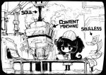  1girl arrow_(symbol) ashley_(warioware) conveyor_belt drawing english_commentary english_text greyscale hard_hat helmet holding holding_paper holding_pencil inawon long_hair machinery monochrome paper pencil smoke solid_oval_eyes solo warioware 