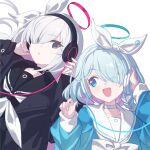  2girls arona_(blue_archive) black_choker black_coat black_hairband black_sailor_collar black_serafuku blue_archive blue_eyes blue_hair blue_halo choker coat colored_inner_hair commentary grey_eyes grey_hair hair_over_one_eye hairband halo headphones highres long_hair long_sleeves makai_no_juumin multicolored_hair multiple_girls neckerchief open_clothes open_coat open_mouth parted_lips pink_hair plana_(blue_archive) red_halo sailor_collar school_uniform serafuku short_hair simple_background smile white_background white_choker white_neckerchief white_sailor_collar 