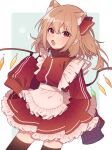  1girl alternate_costume animal_ear_fluff animal_ears apron black_thighhighs blonde_hair blush crystal enmaided fang flandre_scarlet frilled_apron frilled_skirt frills highres jersey_maid long_hair maid maid_apron one_side_up open_mouth red_eyes red_skirt skin_fang skirt sleeves_past_fingers sleeves_past_wrists solo thigh-highs touhou touya_(konpekitou) unconventional_maid waist_apron white_apron wings 