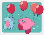  :d ^_^ aqua_background balloon blue_eyes blush blush_stickers border chiimako closed_eyes elfilin happy holding holding_balloon kirby kirby_(series) looking_at_another no_humans notched_ear open_mouth outside_border simple_background smile star_(symbol) white_border 