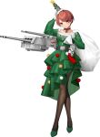  1girl braid breasts christmas christmas_tree_costume christmas_tree_hat dress full_body green_dress hoshiakari_(c2_kikan) kantai_collection large_breasts long_hair looking_at_viewer nevada_(kancolle) official_art pantyhose red_eyes redhead sack solo transparent_background turret 
