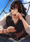  1boy bags_under_eyes black_hair black_vest boku_no_hero_academia bracelet closed_mouth collarbone cosplay eraser_head_(boku_no_hero_academia) eyepatch facial_hair fingernails goatee headband highres indian_style jack_sparrow jack_sparrow_(cosplay) jewelry looking_to_the_side male_focus multiple_bracelets mustache outdoors pectoral_cleavage pectorals pirate pirates_of_the_caribbean red_headband rnuyvm rope rum scar scar_across_eye ship_deck shirt sitting solo sparse_stubble vest white_shirt 