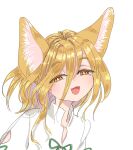  1girl animal_ears blonde_hair commentary_request fangs fox_ears green_ribbon hair_between_eyes kudamaki_tsukasa medium_hair open_mouth orange_eyes ribbon romper s-a-murai solo touhou white_background white_romper 