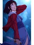  1girl black_hair blue_eyes blue_kimono breasts clouds commentary holding holding_knife jacket japanese_clothes kara_no_kyoukai kimono knife long_sleeves looking_at_viewer medium_breasts night night_sky nikumaki43 obi red_jacket ryougi_shiki sash short_hair sky solo 