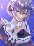  1girl breasts double-parted_bangs eiyuu_densetsu green_eyes hair_between_eyes looking_at_viewer maid_headdress medium_breasts natsusechoco portrait purple_hair sen_no_kiseki sharon_kreuger short_hair solo string upper_body 