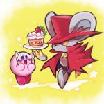 1boy 1other :d bell blue_eyes blush blush_stickers cake cake_slice cape chiimako claws closed_mouth collared_cape colored_sclera commentary_request daroach food fork fruit hand_up hands_up happy hat holding holding_fork holding_knife holding_plate jingle_bell kirby kirby_(series) knife looking_at_another neck_bell no_humans nose_blush open_mouth plate red_cape red_eyes red_headwear simple_background smile smirk sparkle star_(symbol) strawberry strawberry_shortcake wafer_stick yellow_background yellow_sclera