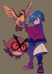  1boy alternate_color bird black_footwear blue_hair closed_mouth commentary falkner_(pokemon) hand_up highres hoothoot jacket looking_down male_focus ok_ko19 pidgey pokemon pokemon_(creature) pokemon_masters_ex red_jacket red_wristband shoes short_hair shorts smile standing symbol-only_commentary white_shorts 