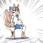  1girl animal_ears boots brown_eyes brown_hair chipmunk_ears chipmunk_girl chipmunk_tail extra_ears gloves highres kemono_friends kemono_friends_v_project kneehighs mcgunngu microphone multicolored_hair ribbon shirt short_hair shorts siberian_chipmunk_(kemono_friends) simple_background socks solo tail vest virtual_youtuber 